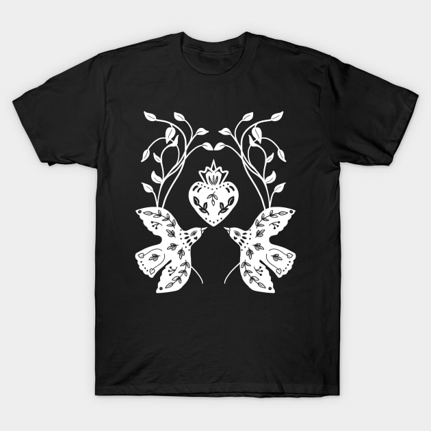 white birds and heart T-Shirt by Red Zebra